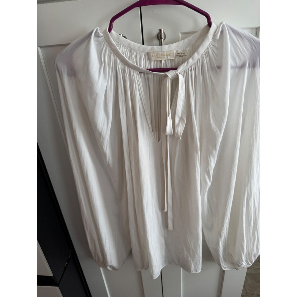 Ramy Brook White Pleated Tie Neck Peasant Blouse Long Sleeve Boho Top XS